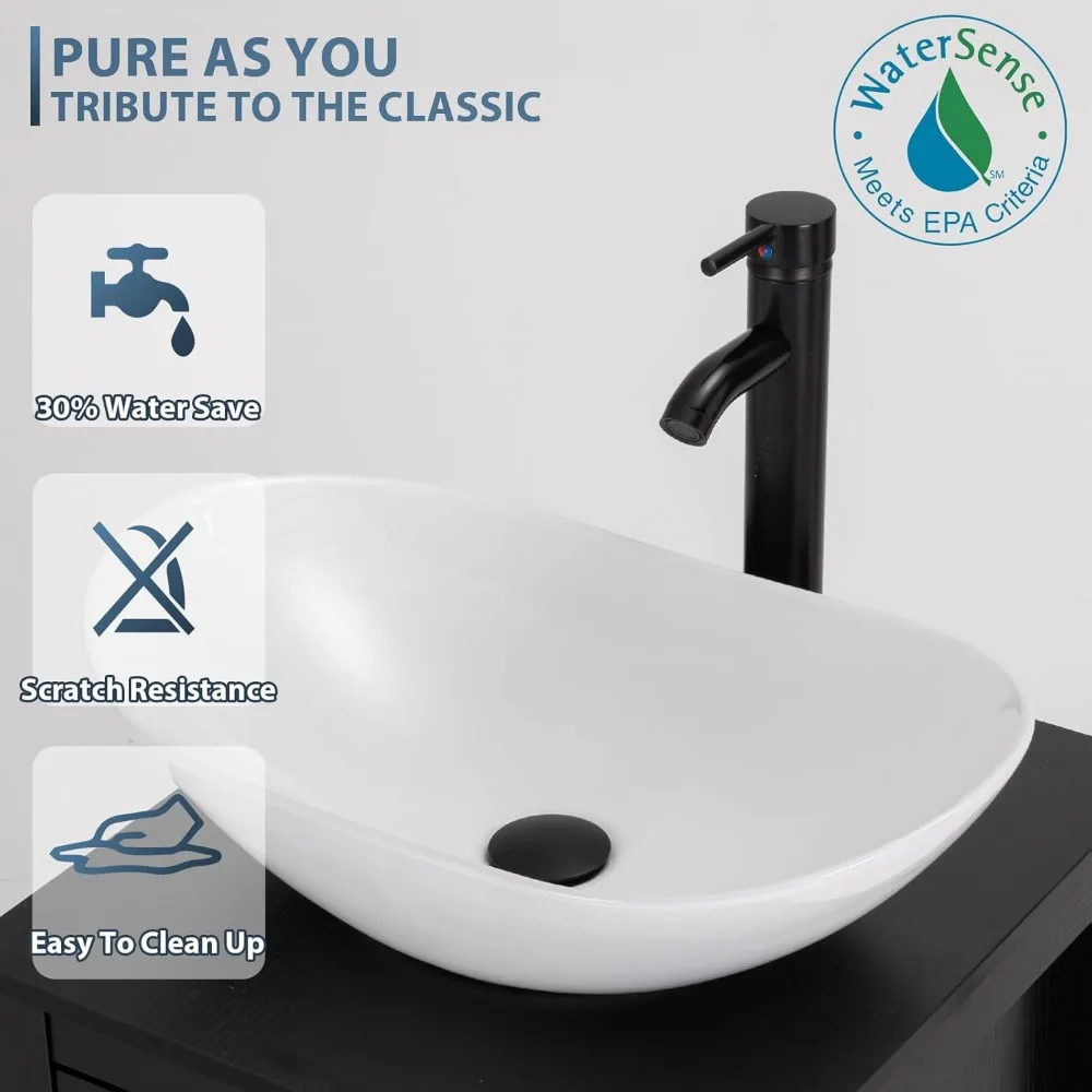 Lavabo de tocador de baño moderno de 24 ", mueble con soporte negro combinado con lavabo de cerámica para barco blanco, grifo de ahorro de agua y drenaje emergente