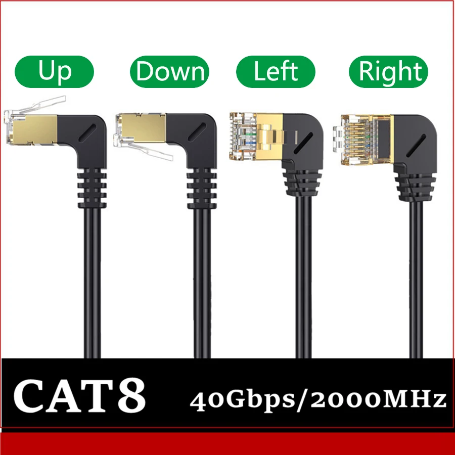 Ultra Slim Cat8 Ethernet Cable SFTP 40Gbps 2000MHz Cat 8 RJ45 Network Lan 90 Degree UP Down Angle Internet RJ 45 Ethernet Cable