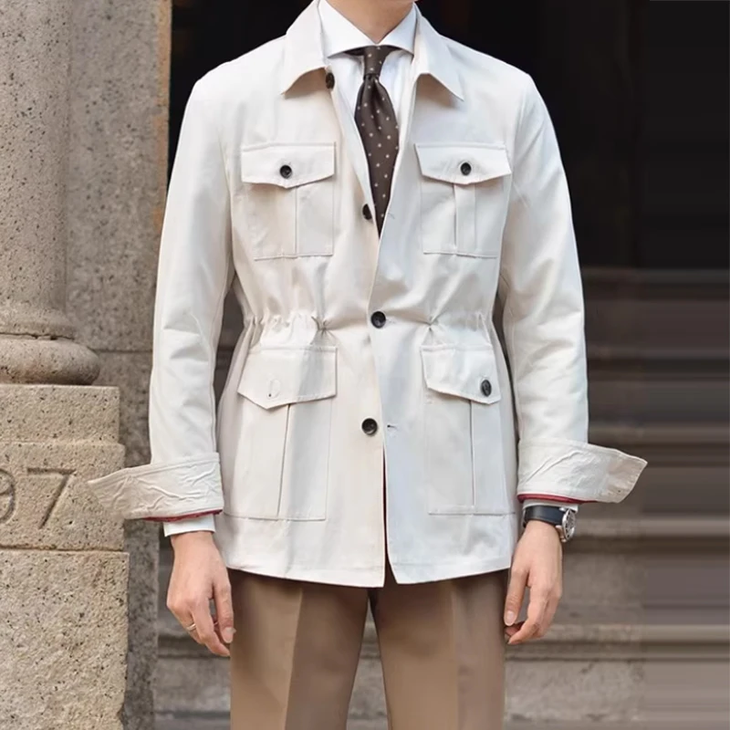 Stylová jednořadá úzká bunda pro muže 2026 Jaro Podzim Moderní jednobarevné cargo bundy s více kapsami Vintage pánské kabáty - náhled 4