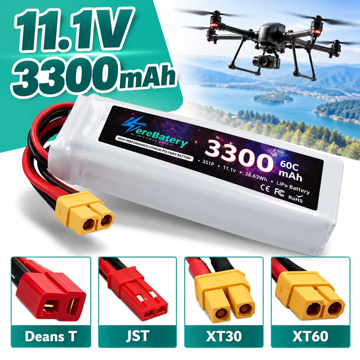 High Discharge 3S LiPo Battery 7.4V 11.1V 14.8V 3300mAh 60C XT60 for FPV Drone RC Airplane Car Boat Quadcopter UAV