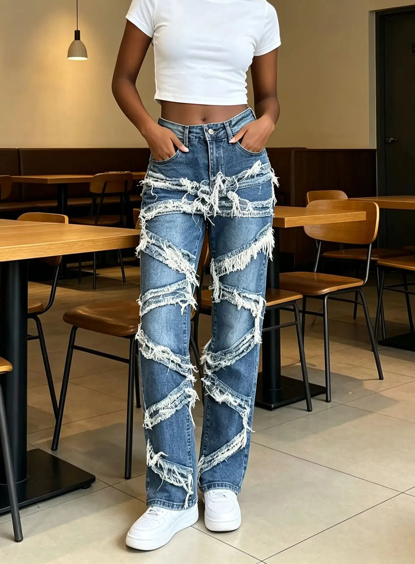 Women's Spring Autumn Dark Blue Raw Hem Tassel Denim Pants High Waist Spliced Straight Leg Pants Drape Hide Fat Casual Versatile