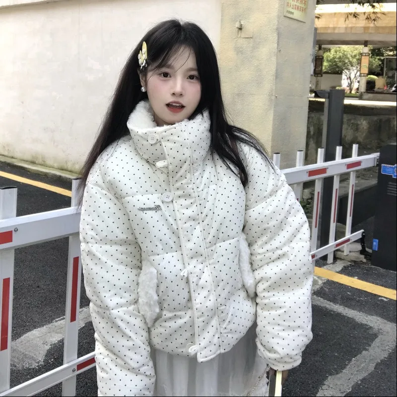Corduroy Coat Polka Dot Stand Collar Women Jacket Winter Loose Thickened Warm Plush Splicing Metal Decoration Women's Clothing