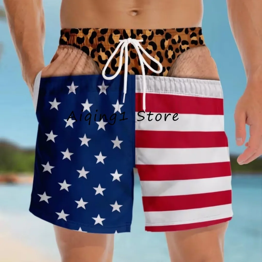 Men Funny Fake Two Piece Boardshorts Print Novelty Swimwear Optical Illusion Thong Novelty Hilarious Swim Shorts Men Party Gift