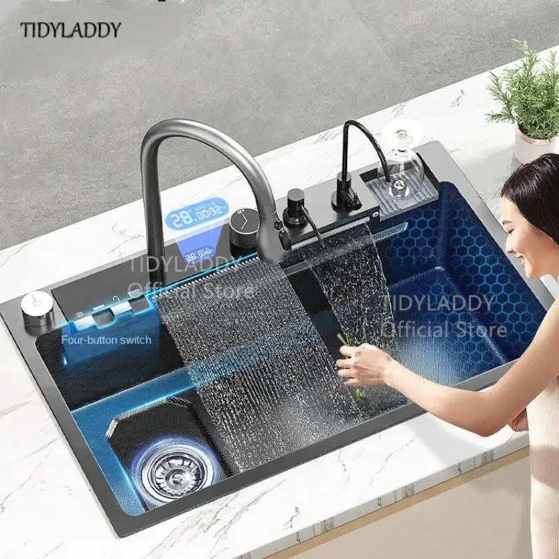 

Luxury Digital Display Waterfall Kitchen Sink, Large Single Slot Nano Stainless Steel Sink, Honeycomb Embossed Washbasin