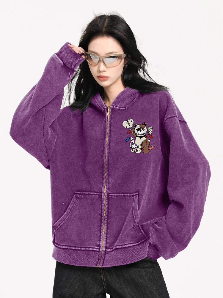 Interesante marioneta oso Love Me estampado lavado cremallera sudaderas con capucha mujeres otoño ropa de calle algodón cuello redondo Sudadera con capucha Casual Top de gran tamaño