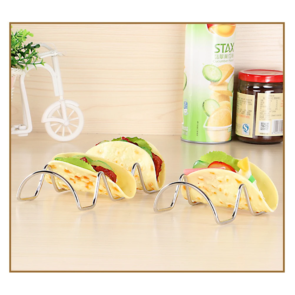

2 pcs Stainless Steel Taco Holder 2 Grids Food Rack Stackable Pizza Platter For Pancake Cookies Silver Kitchen Bar Accessory