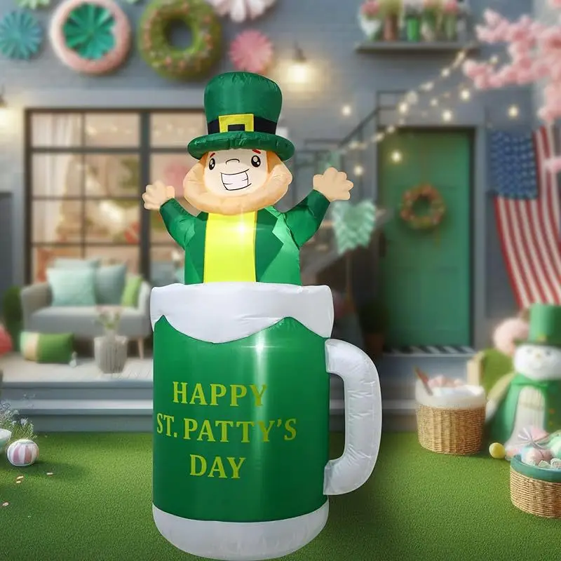6/8FT St Patrick's Day Inflatable Outdoor Decoration Inflatables Beer Cup & St Patrick Celebration Party Decor Garden Yard Decor