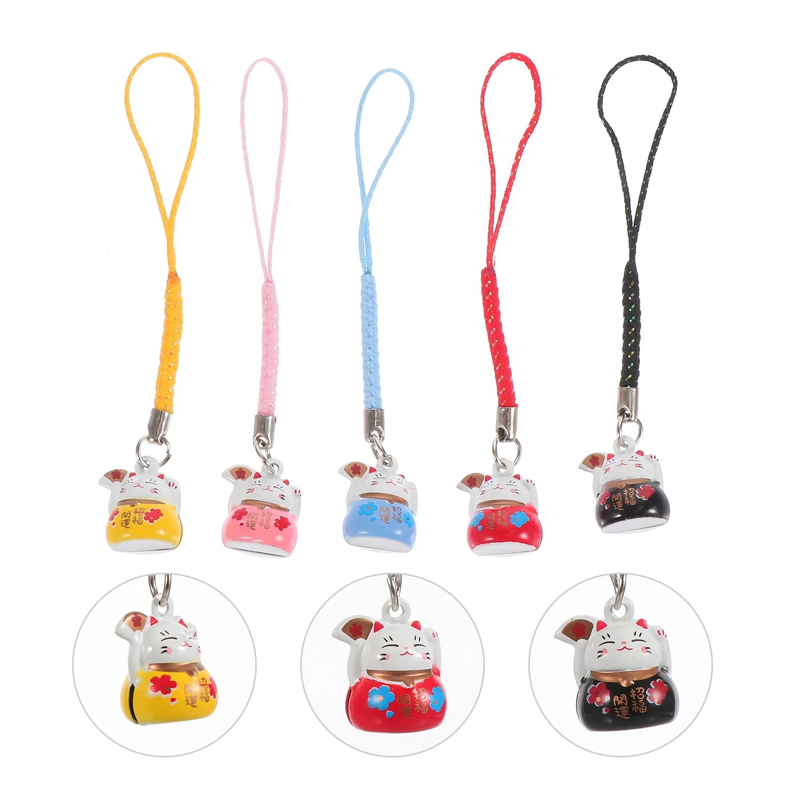 5 Pcs Lucky Cat Brass Bell Auspicious Pendant Decorative Charming Phone Lanyard Hanging Decoration Lanyards