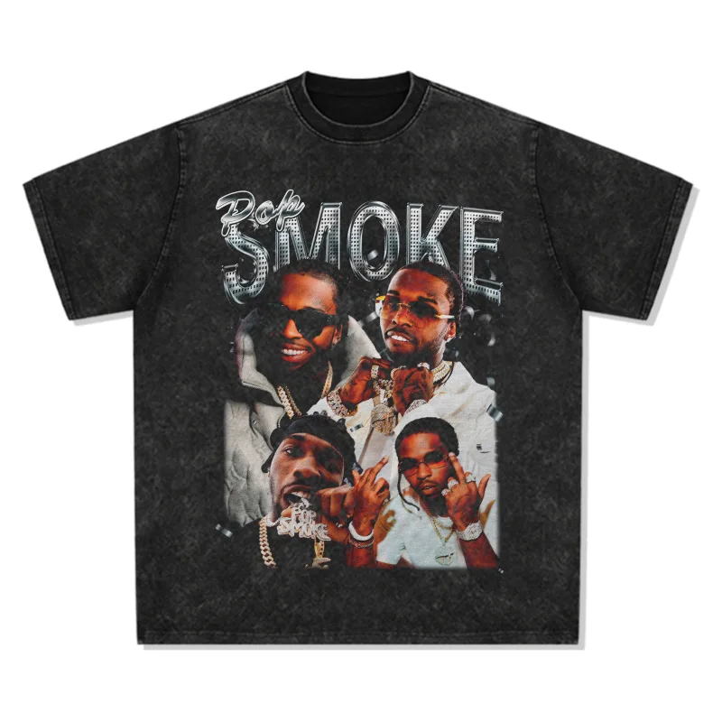 

Модный бренд Pop Smoke, американский хип-хоп, ретро-принт, персонализированная футболка из стираного чистого хлопка, тяжелая футболка с короткими рукавами