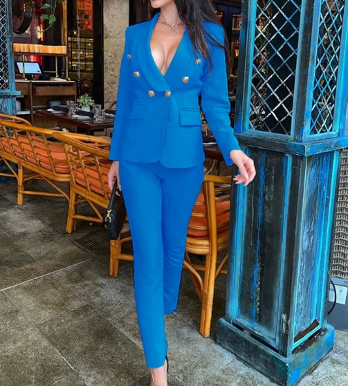 

Women Two Piece Sets Blazer Button Splice Coats Straight Pants Regular Solid High Waist Long Trousers Elegant Office Lady