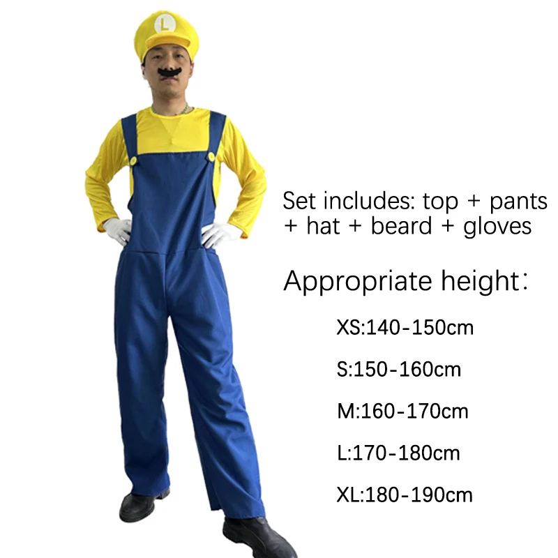 Game Super Brother Marios Luigi Bros Cosplay Costumes Short-sleeved T-shirt Overalls Suit Man Kids Carnival Halloween Costumes