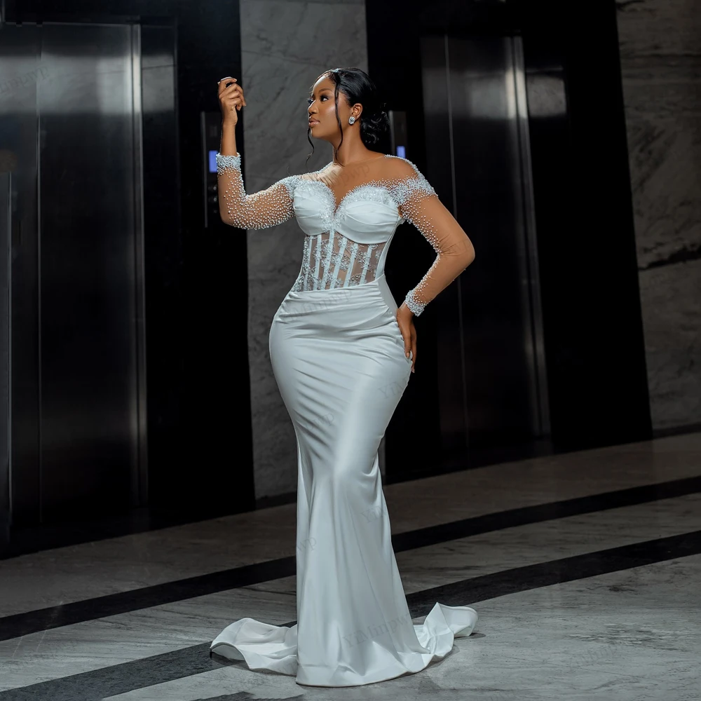 

Aso Ebi African Beaded Wedding Dresses 2025 Luxury O-Neck Illusion Sleeve Mermaid Bride Gowns Customized Vestidos Para Mujer