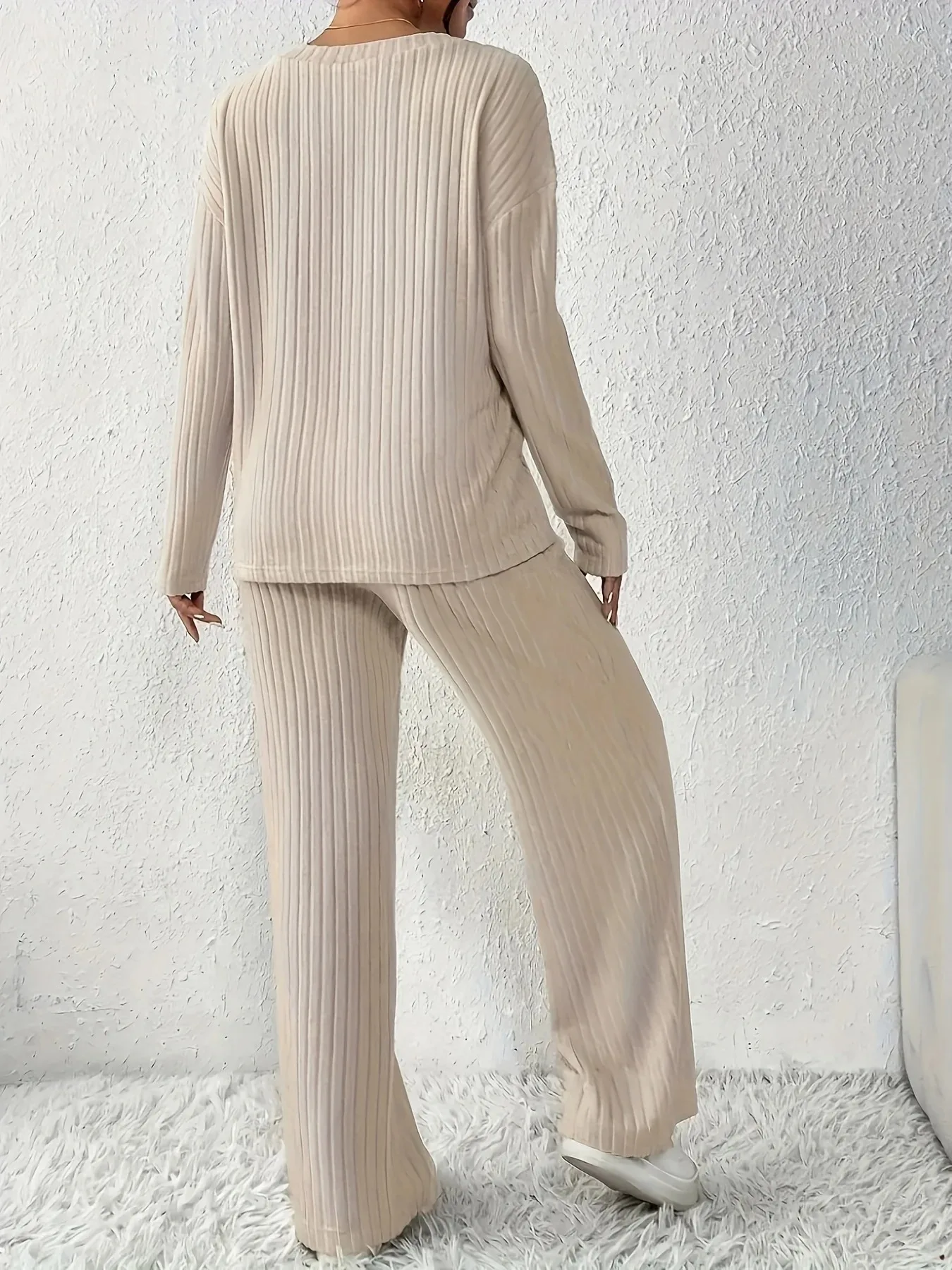 Autumn Winter 2 Pieces Sweater V-neck Ribbed Knit Tops and Trousers Matching Set Women Homewear Casual Outfits