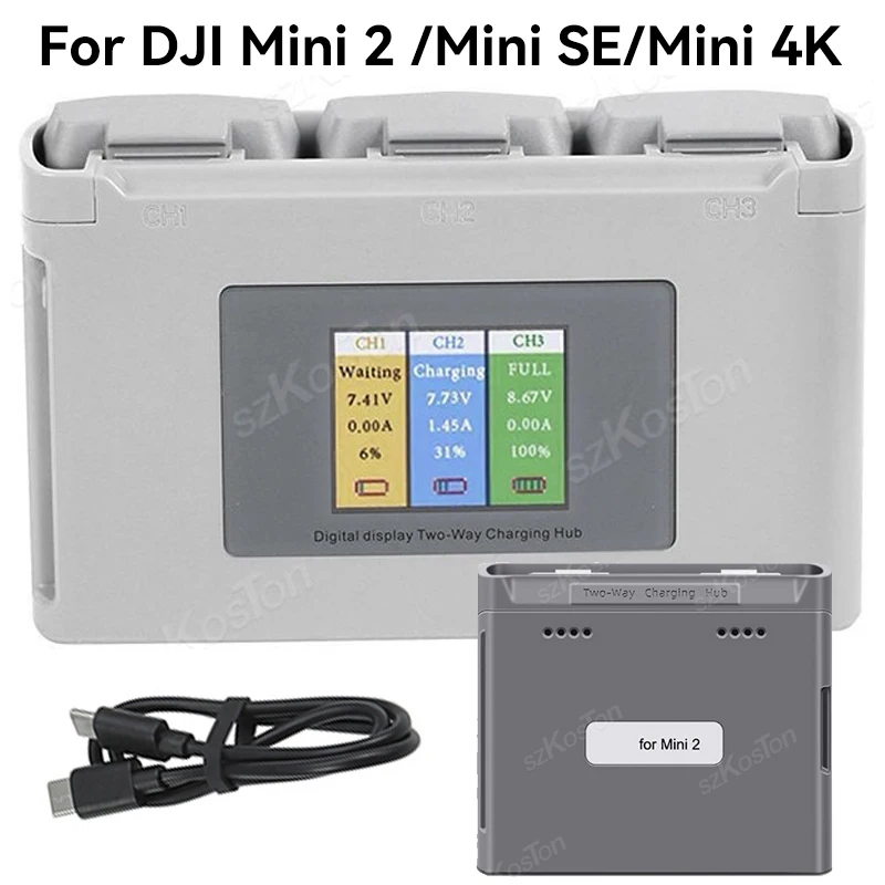 

2/3-Way Battery Charger Hub For DJI Mini 4K/Mini 2/Mini 2 SE Batteries Colorful Screen Digital Display USB Battery Charger