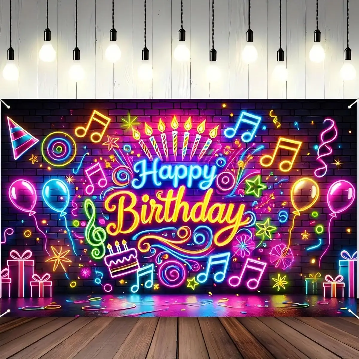 1pc Neon Music Birthday Party Background - 70.86x90.5 inch polyester colored light effect banner, suitable for indoor and outdoo