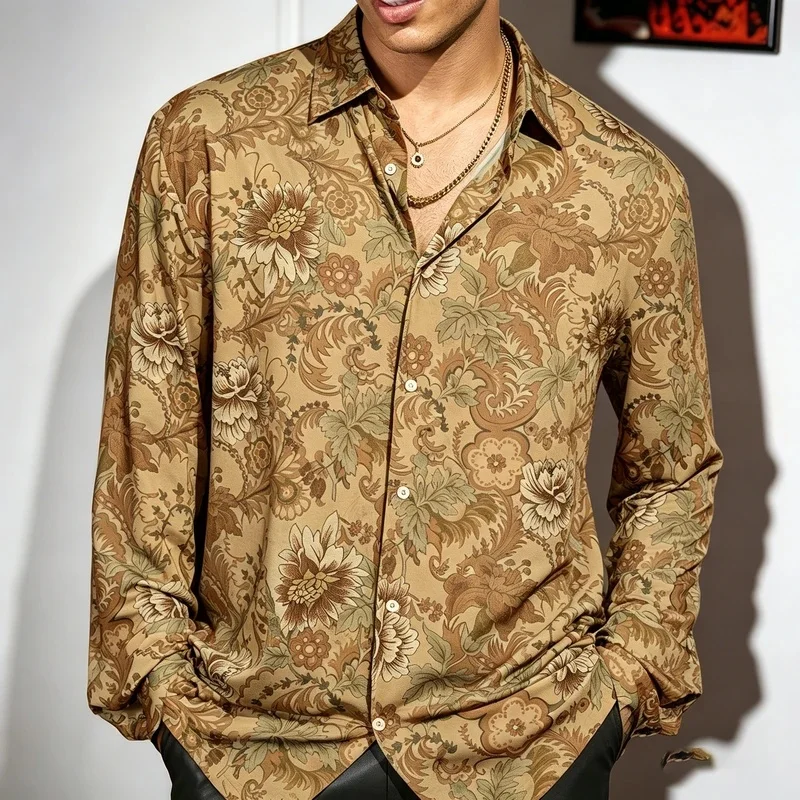 Men's 3D collared slim-fit long-sleeved shirt, caramel all-over floral print, flowy blouse, vacation cardigan top.