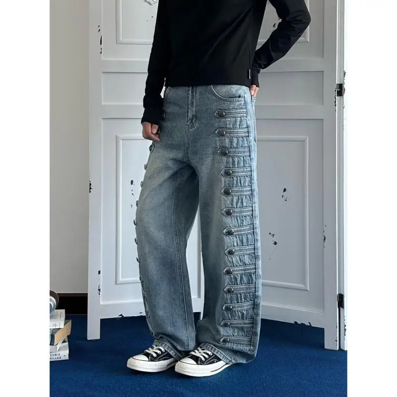 Men's Buckle Decoration Retro Jeans Casual Pants Wide Legs Sweatpants 90s Street Boys Bottom Male High Waist Unisex Trousers