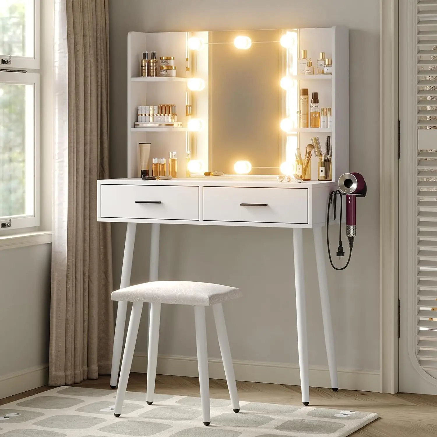 

Vanity Desk,Mirror with Lights, Makeup Table Set with Drawers, Vanity Set for Bedroom with 3 Lighting Modes Studio