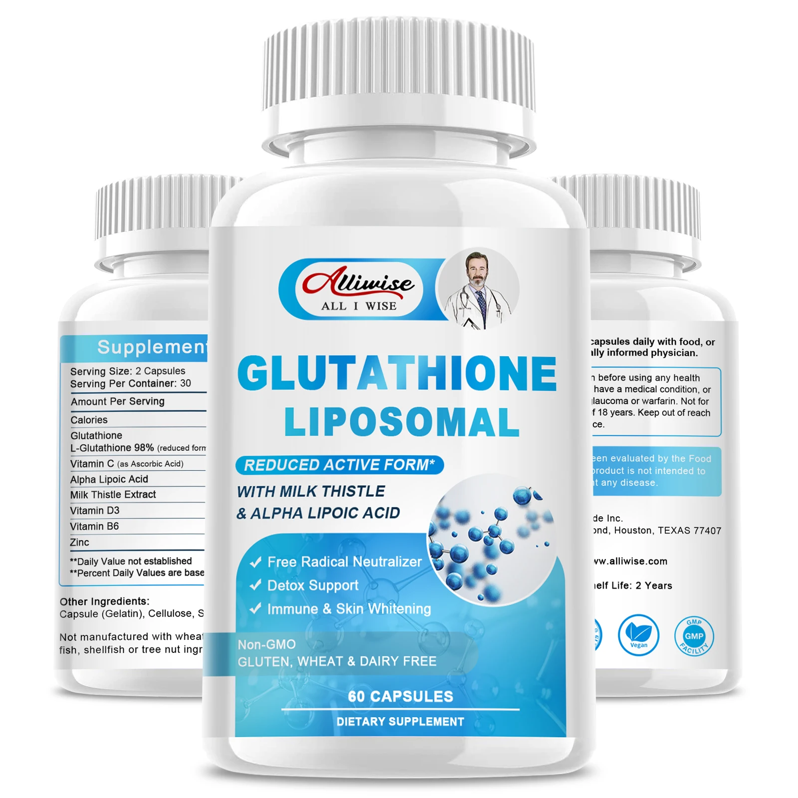 

Alliwise Glutathione Capsules Supplement Antioxidant Immunity Dull Skin Whitening Healthy Supplement