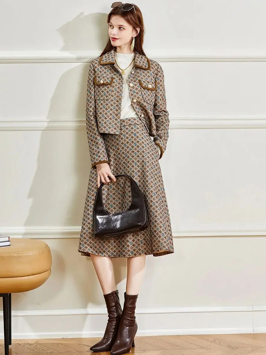 LOUIS YAO Women Dress Set Retro Pattern Two Piece Set 2024 New Coat and Skirt Set A-LINE Skirt Elegant Women\'s Commuter Set