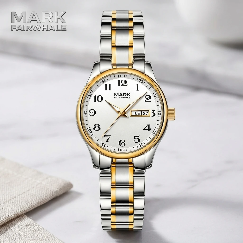 Women Round Quartz Wristwatch Mark Fairwhale Large Arabic Numeral Dial Dual Calendar Two-tone Steel Band Ladies Watch