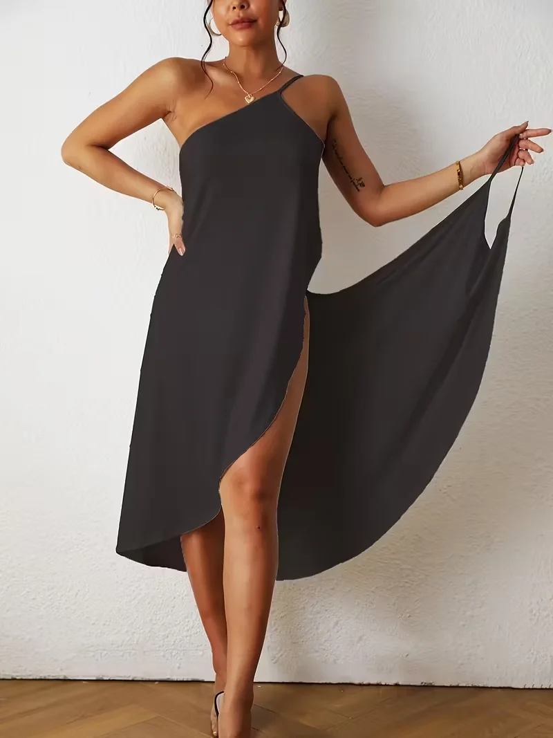 Women's Bohemian Style Solid Color Asymmetrical Hem Dress - Lightweight, Breathable Fabric - For Beach, Poolside & Casual Wear