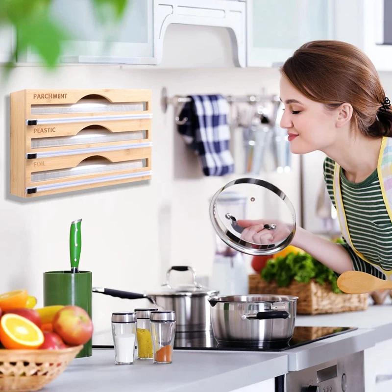 Wrap Dispenser, Aluminum Tin Foil And Wax Paper Storage Dispenser With Slide Cutter & Labels For Kitchen Drawer