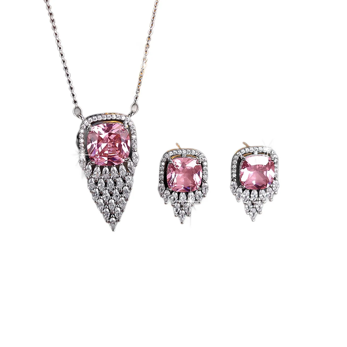 

Luxury Full Rhinestone Zircon Necklace Earrings Jewelry Set Pink Pendant Bridal Wedding Party Accessories Fashion Delicate Gift