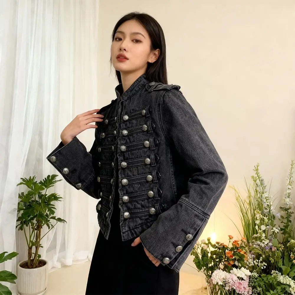 

Y2K Cropped Denim Jacket Autumn Spring Streetwear Punk Motorcycle Coat Top Women Clothes Metal Button High Quality Outerwear