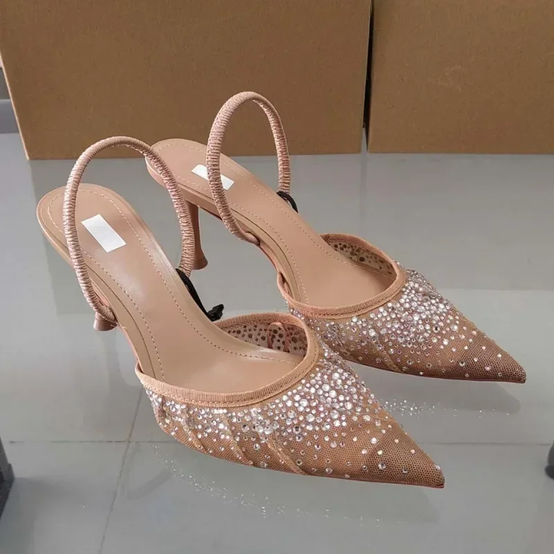 Luxury Broken Drill Diamond Mesh Fabric Women Sandals 2025 Summer Slingback Elegant Pointed Toe High Heels Fashion Lady Shoes