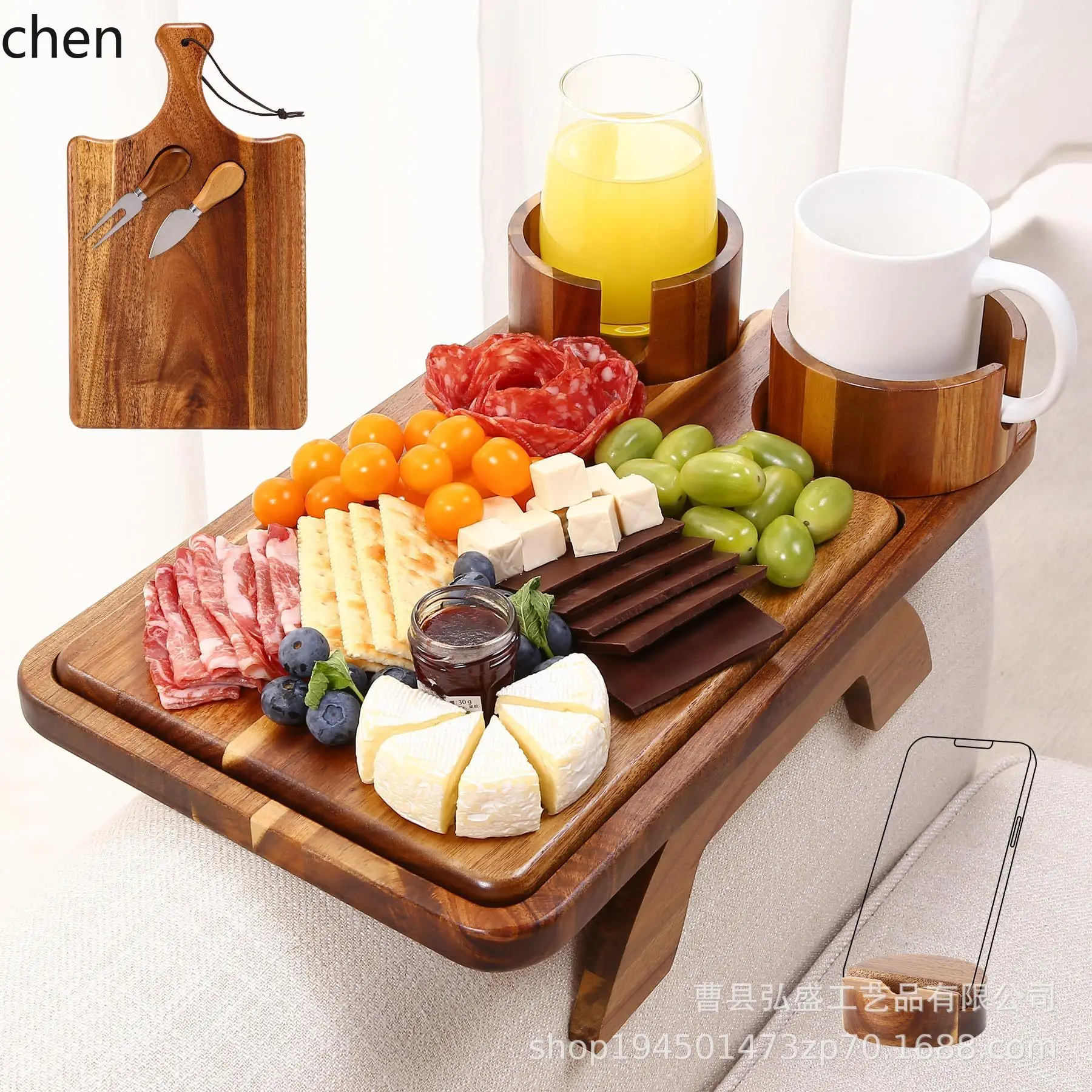 YFY wooden sofa armrest tray cup holder phone stand snack remote control fruit dessert tray with cutting board