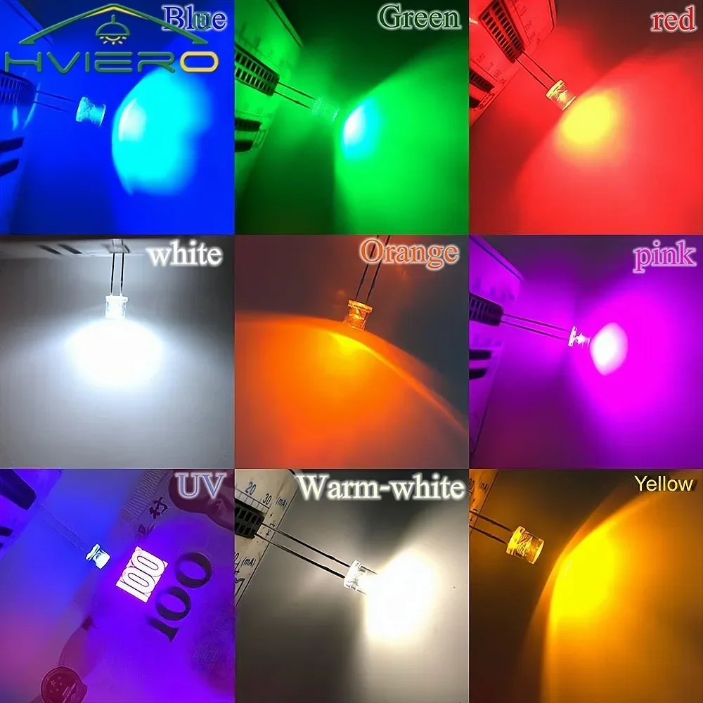 100pc Min F5 5mm parte superior plana blanco rojo rosa amarillo azul diodo de luz gran angular agua transparente LED cuenta Ultra brillante bombilla