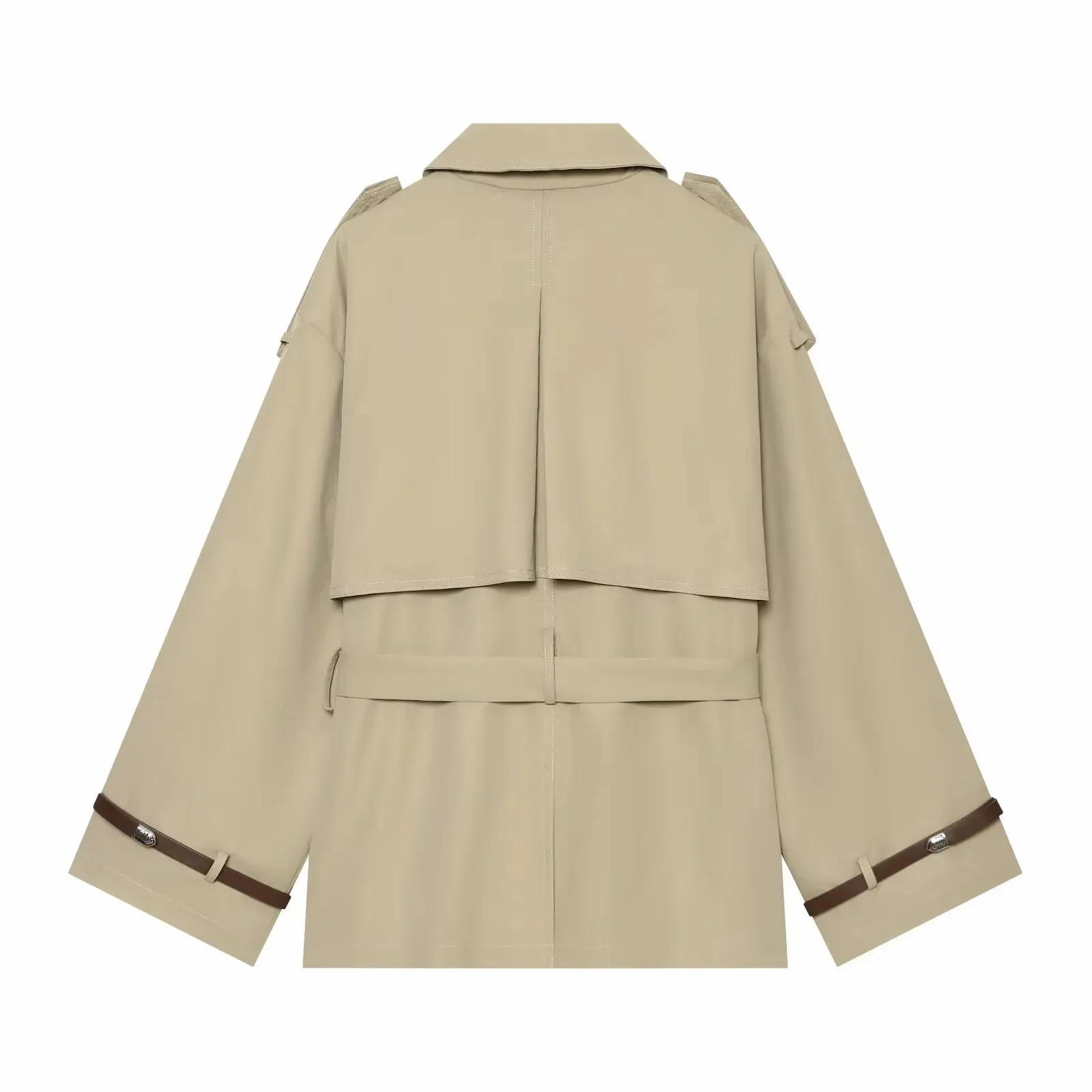 Damen 2026 Neue Modekollektion Khaki Eleganter Doppelreihiger Gürtel-Trenchcoat mit Schulterklappen Kurzer Windbreaker Damen-Oberbekleidung – Detail 3