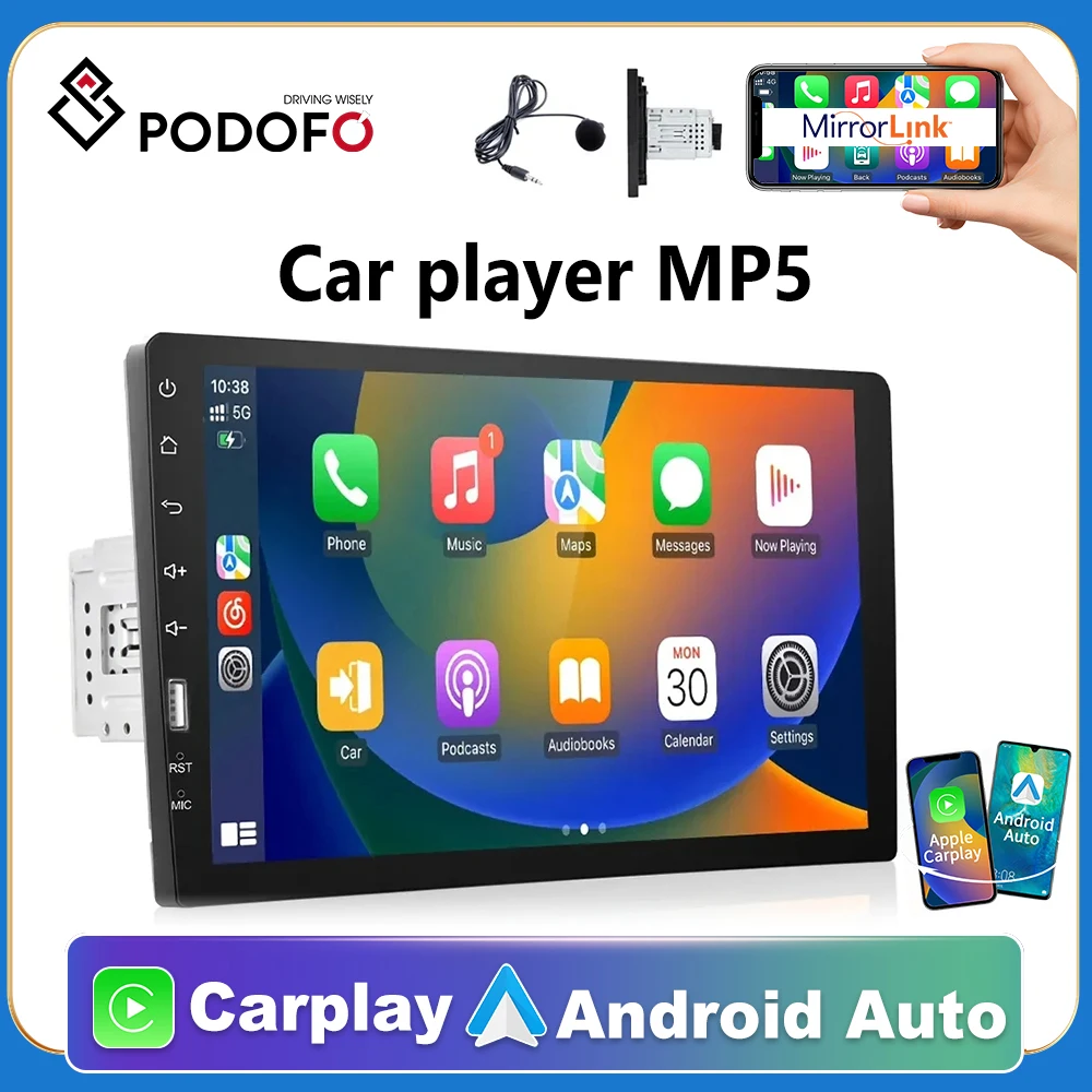 Podofo 1din Carplay Radio HD Autoradio Multimedia Player Touch Screen Car Stereo MP5 FM Bluetooth USB Camera Car Player