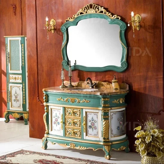 Mirrored Cabinet,YIDA Customize European Vintage Solid Wood Luxury Antique Mirror Vanity Bathroom Cabinet With Ceramics Wash Bas
