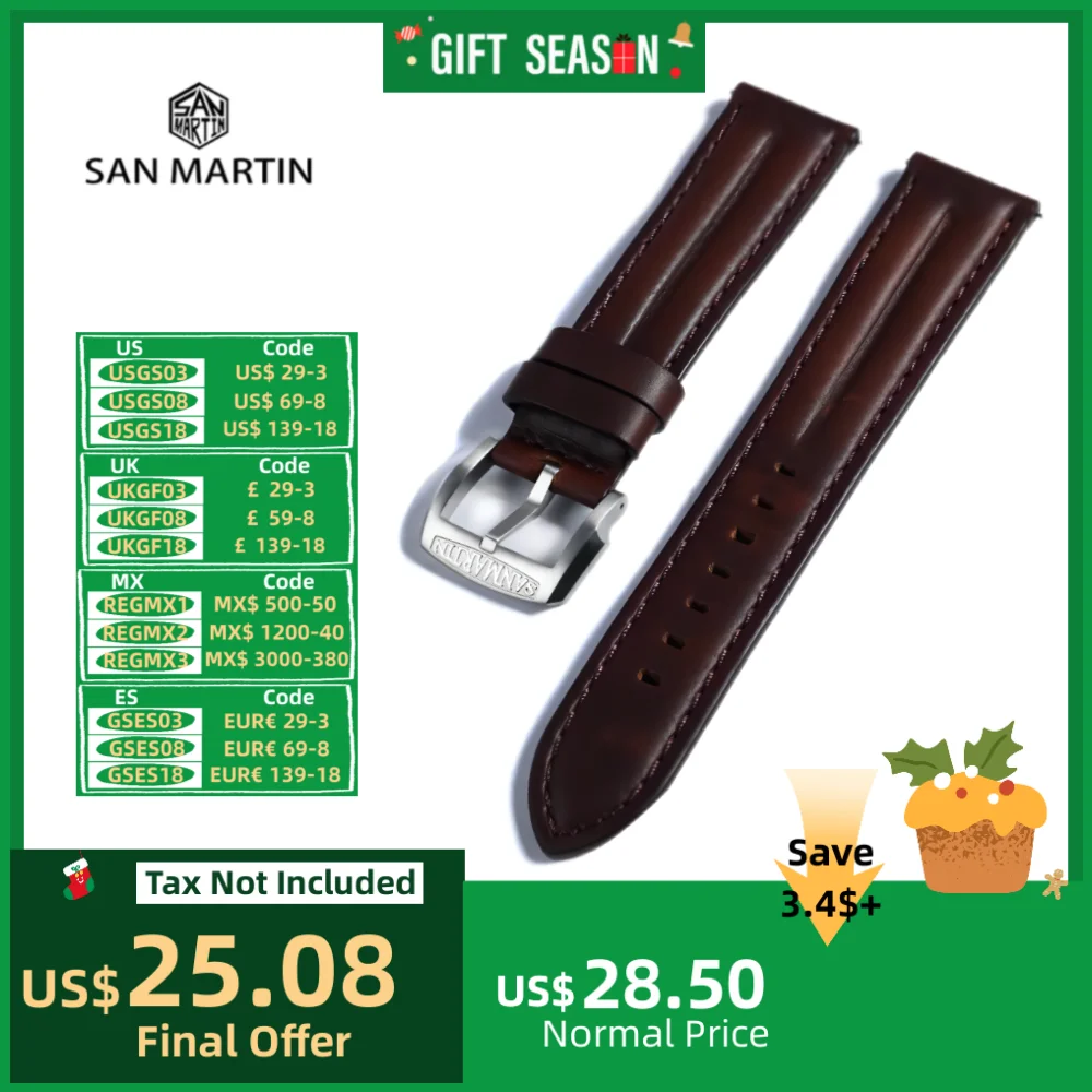 San Martin Horween Cowhide Watch Strap Leather Watchband For Men Wrist Bands 20mm 22mm Retro Quick Release Pin Buckle Zermatt