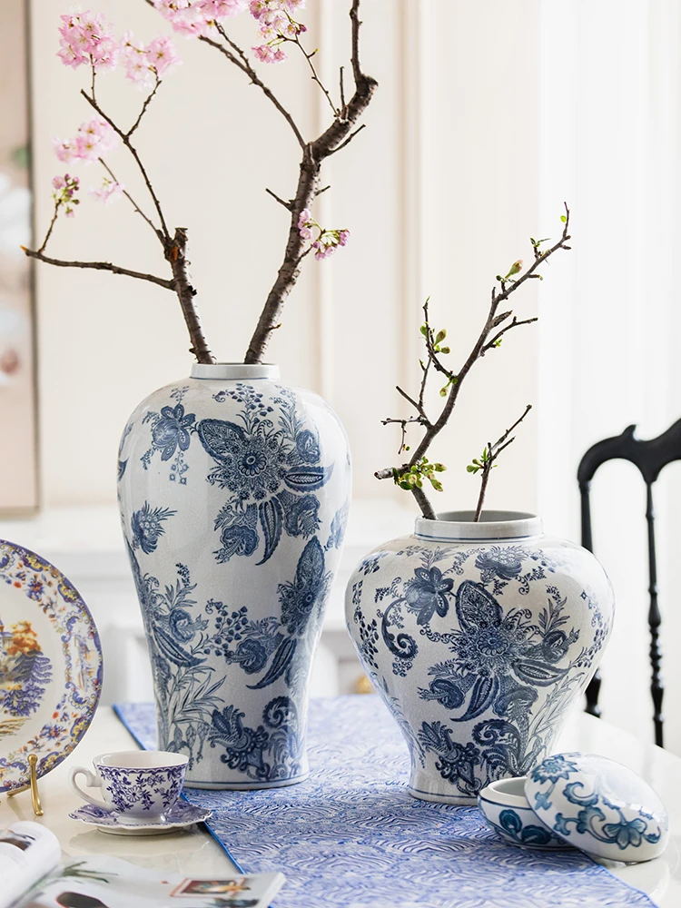 New Chinese style blue and white porcelain vases, underglaze color decorations, living room and home furnishings