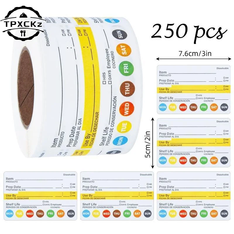 250Pcs/Roll Food Date Labels Waterproof Food Prep Stickers For Kitchen Containers Freezer Pantry Jar Food Safety Organization