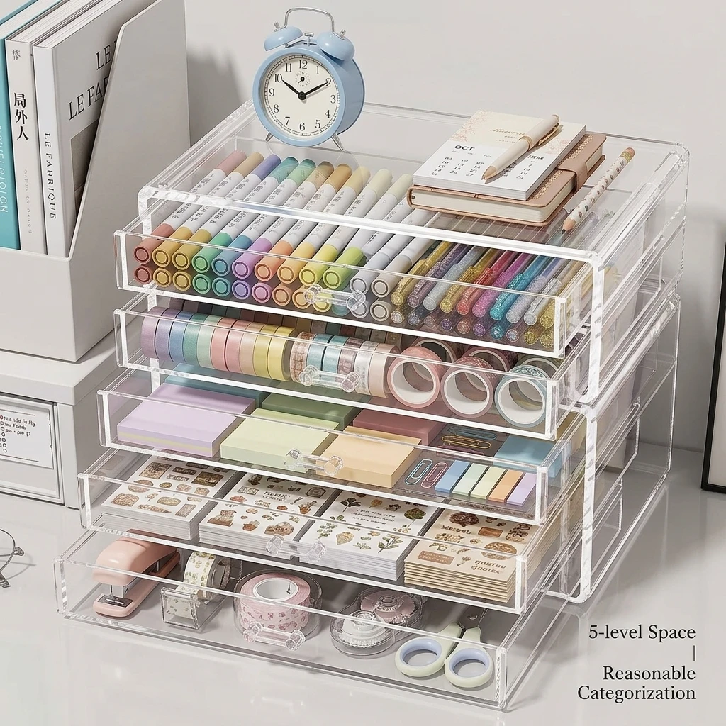 5 Layer Acrylic Drawer Organizer Clear Desk Storage Box For Office Stationery Pencil Toys Large Holder