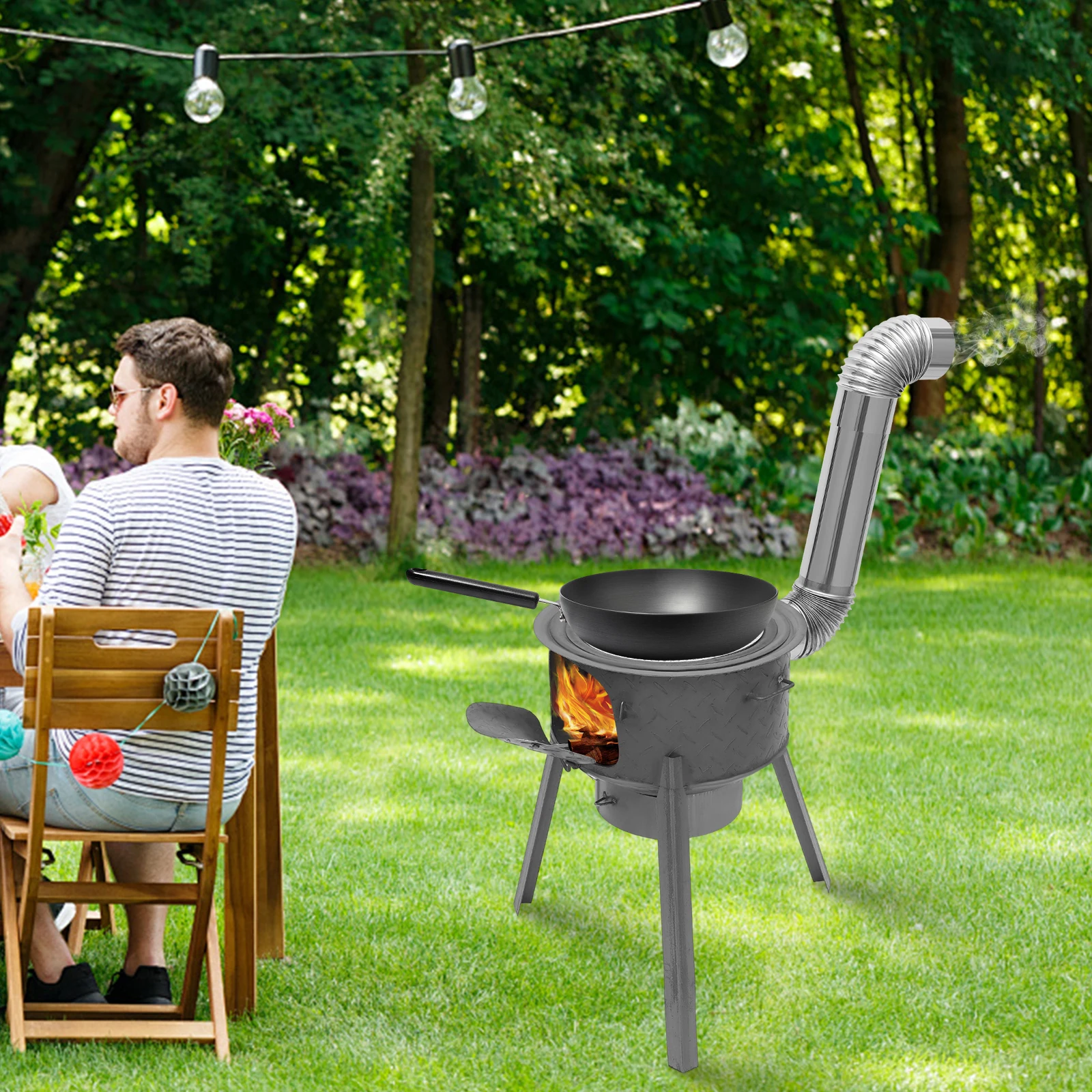 Portable Wood Burning Stove with 3 Wok Rings – Heavy-Duty Steel Construction, 220lbs Load Capacity, Tripod Stable Design, Includes Chimney, Ashtray, Grill Grate & Tools, Perfect for Outdoor Cooking, Camping, BBQ, Boiling, Stir-Frying, and Heating