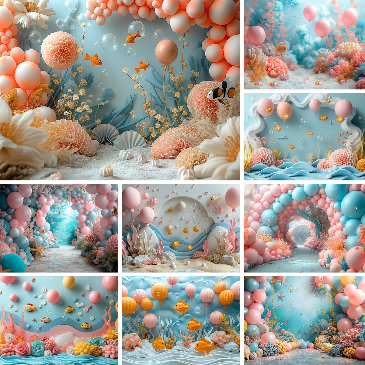 Underwater World Backgrounds Cake Smash Kids Adult Photography Props Child Baby Decors Marine Organism Fish Photo Backdrops