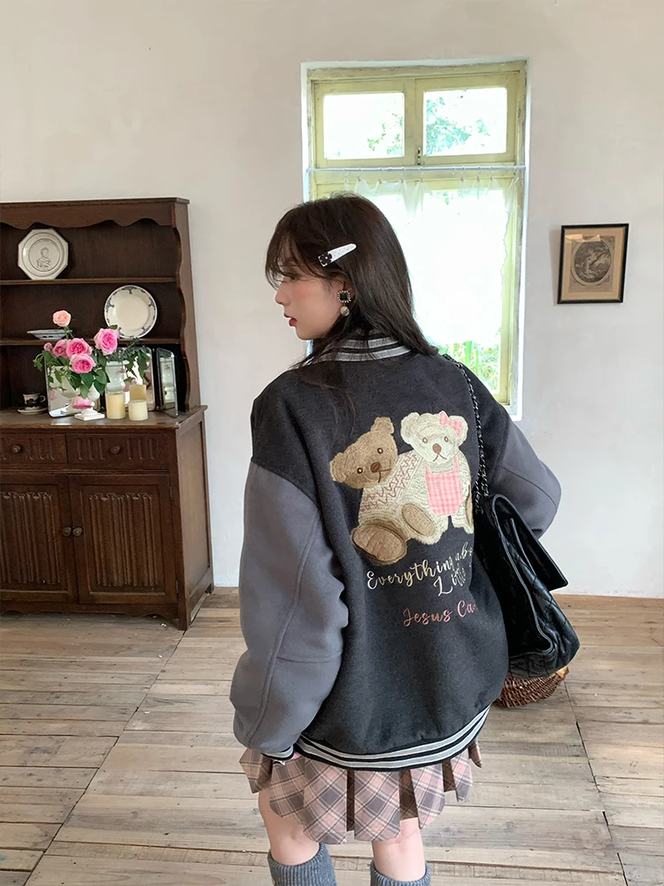 

Ay американское ретро бейсбольное джемто, свободное хлопковое пальто с вышивкой для женщин, зимнее повседневное пальто для поездок на работу, верхняя одежда