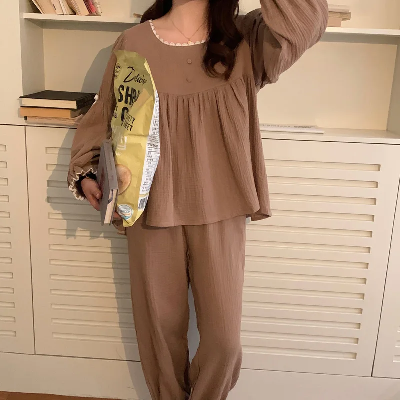 Korean Cotton Line Home Suit Women Solid Vintage Sleepwear Soft Pajamas Set Sweet Loose Buttons Lazy  Long Pants Tow Piece Set