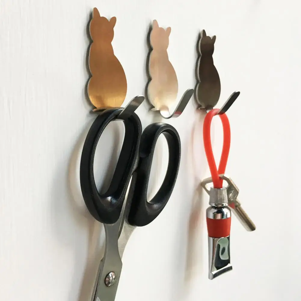 2Pcs Key Holder Storage Hook Cartoon Cat Pattern Wall Decorative Hooks Stainless Steel Wall Mounted Self Adhesive Hanger Hook