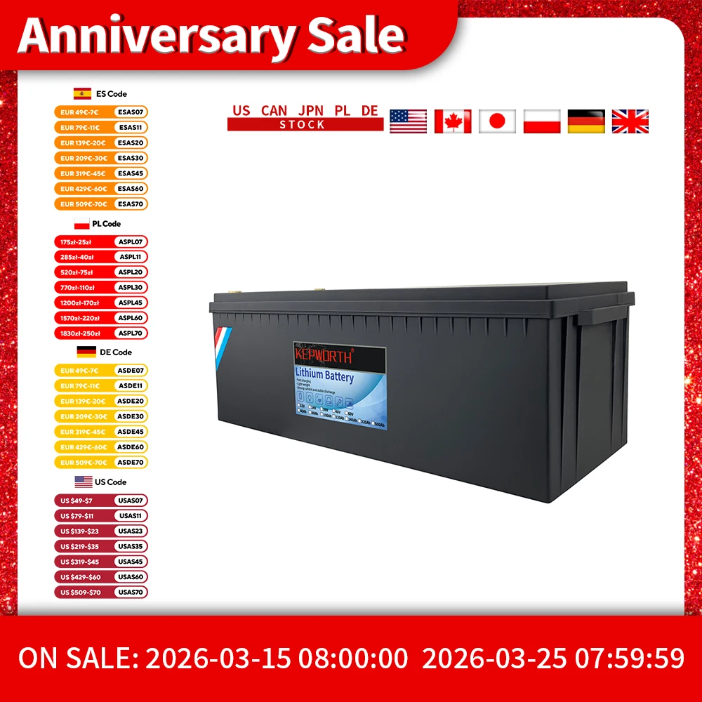 KEPWORTH 48V 100Ah 5120Wh LiFePO4 Battery Built-in BMS More than 6000 Cycles for Solar Home RV/Camping Off-Grid Applications