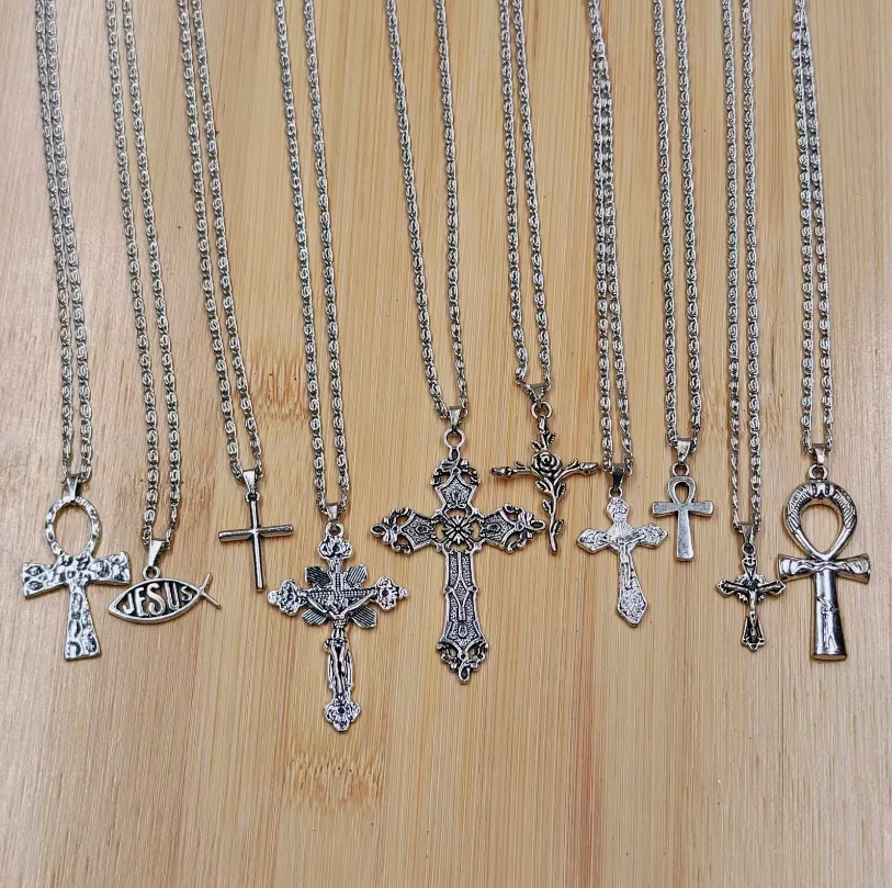 1 stücke vintage punk cross jesus fisch christlicher gott anhänger halskette 45cm edelstahl kette modeschmuck großhandel