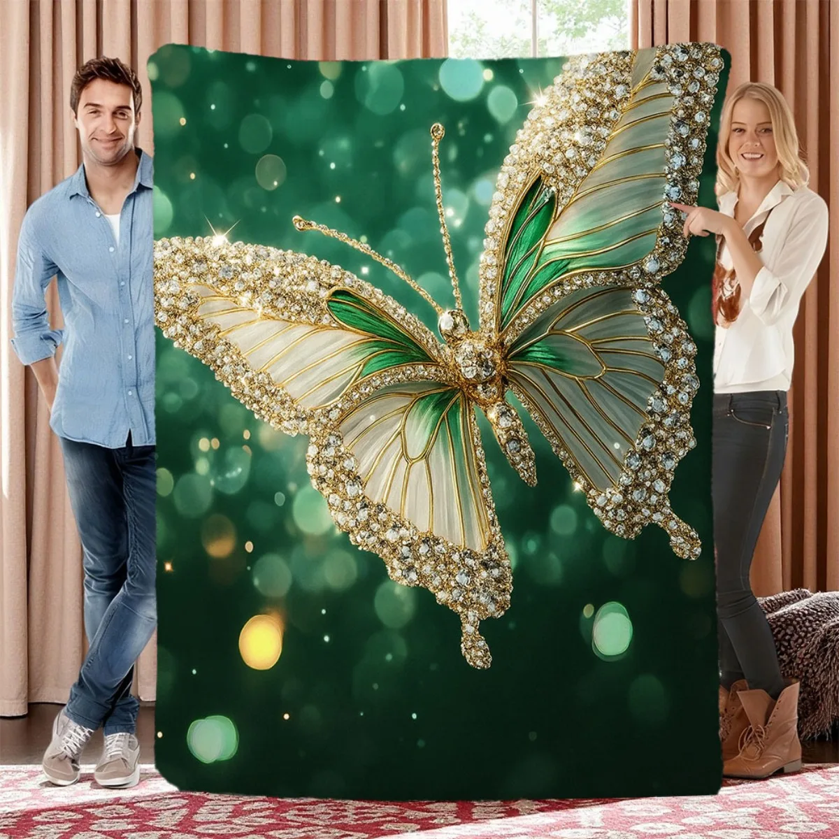 Green Base Diamond Encrusted Butterfly Luxury Shine Throw Blanket for Bed Glamorous Jewel Design Blanket Piece