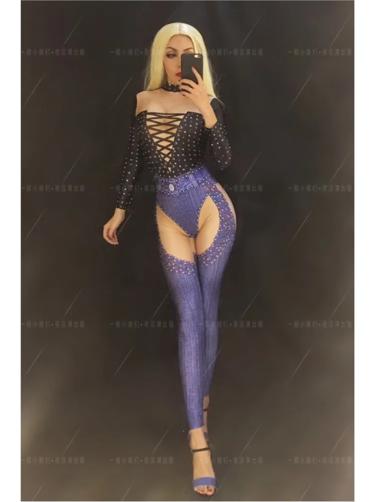 Nowy Czarny Kombinezon Jeansowy z Wzorami Długi Rękaw Kamienie Seksowny Strój Piosenkarki Kostium Urodzinowy Bal Studniówkowy Damskie Ubrania do Tańca