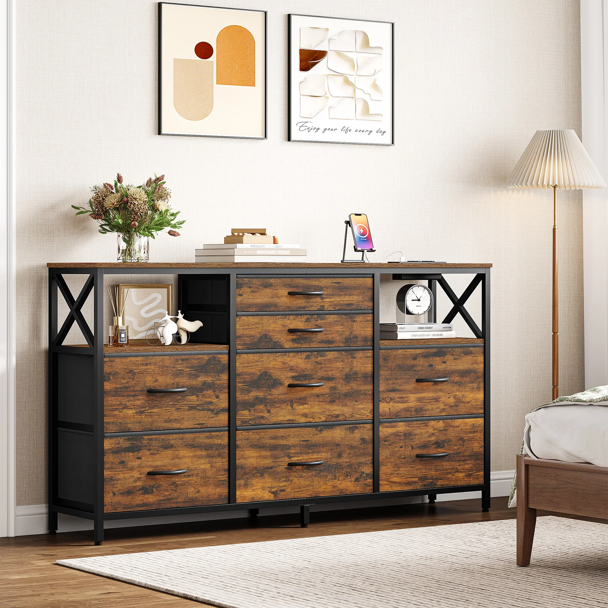 Commode à tiroirs 140 cm, 2 ports USB et 2 ports AC, avec 8 tiroirs en tissu, meuble de rangement polyvalent pour salon, chambre à coucher, style vintage