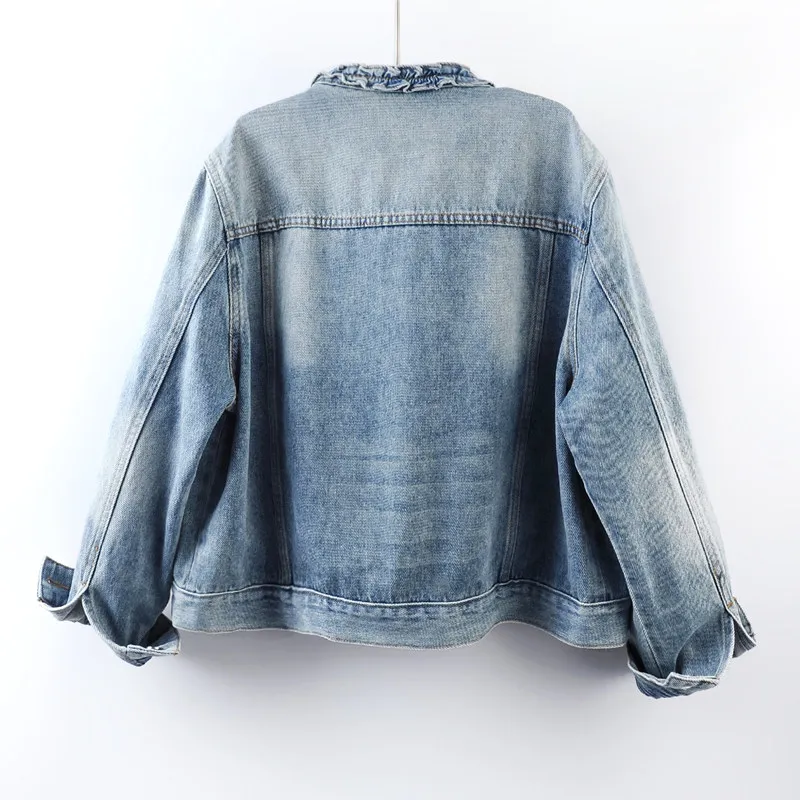 Vintage Ruffles Round Neck Long Sleeve Women Cowboy Outerwear Casual Single-Breasted Long Sleeve Autumn Female Jeans Jacket Coat
